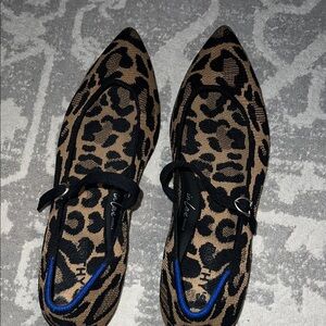 Rothy's Black and Tan Leopard Flats blue trim on heel